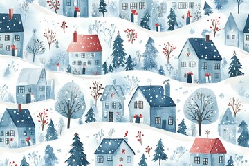 A whimsical watercolor holiday card design featuring a snowy village scene with charming houses