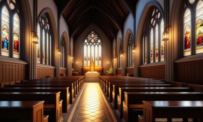 Obraz premium Sunlit church interior with stained glass windows and wooden pews
