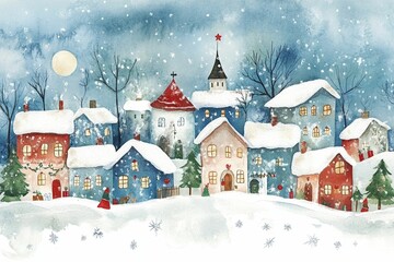 A whimsical watercolor holiday card design featuring a snowy village scene with charming houses