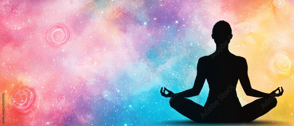 Poster the silhouette of meditation practice in colorful universe abstract art peaceful atmosphere serenity
