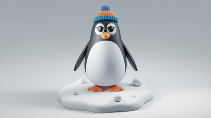 Adorable 3D penguin wearing a winter hat, standing on snow.
