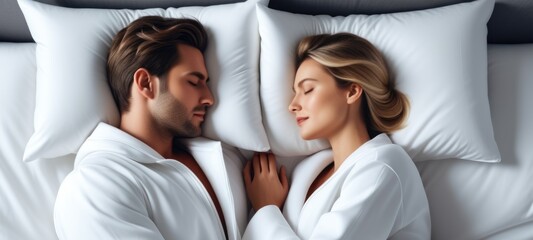 Peaceful couple resting in bed with white pillows and robes