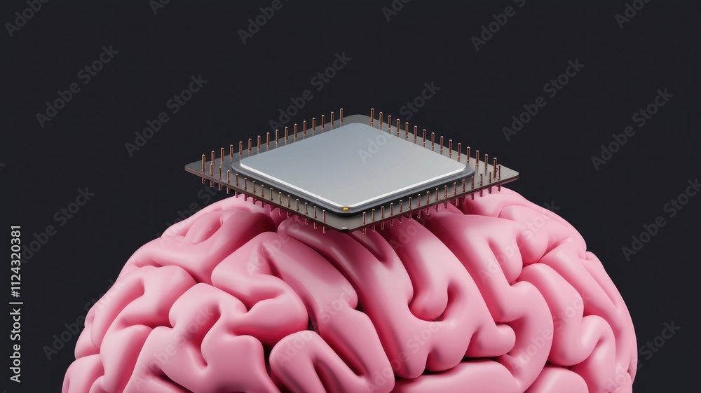 Leinwandbilder a computer chip rests atop a human brain, symbolizing artificial intelligence and the merging of tec
