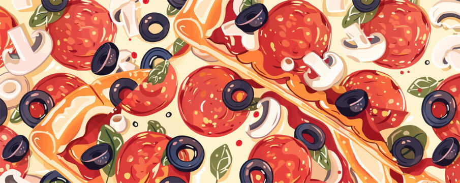 Delicious pizza slices with various toppings like pepperoni, mushrooms, and olives, fun and appetizing, flat, vector illustration, seamless pattern background design.