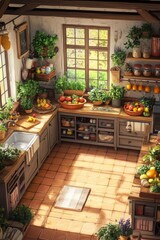 A cozy kitchen showcases an abundance of fresh fruits and herbs on wooden countertops, illuminated by natural light streaming through the window