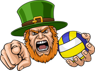 An angry Leprechaun Celtic Irish cartoon character holding Volleyball ball and pointing sports team mascot illustration.