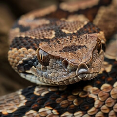 Close-up of a venomous Gabonese viper with a bright camouflage pattern