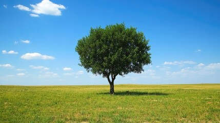 Lush Green Isolated Tree Against a Bright Blue Sky with White Clouds and Expansive Grassland Landscape in a Peaceful Natural Setting