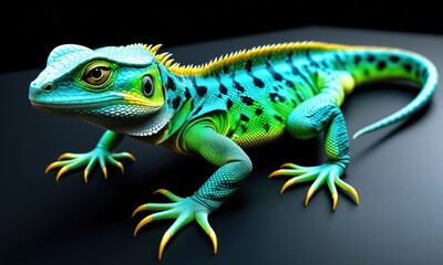 Obraz premium Vivid green lizard with blue spots on dark background