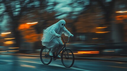 A cute white ghost riding a bicycle at full speed down a street, Photography design,


