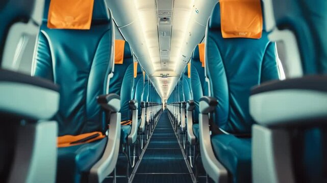 rows of leather seats in modern empty airplane