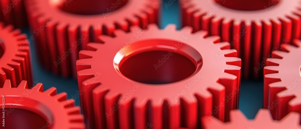 Aufkleber Mechanical action of red gears industrial setting 3d render close-up viewpoint