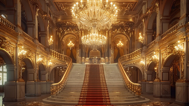 An opulent and luxurious palace hall adorned with golden chandeliers and ornate decorations. The space features a grand staircase, lavish furniture, and rich red velvet curtains, warm golden lighting.