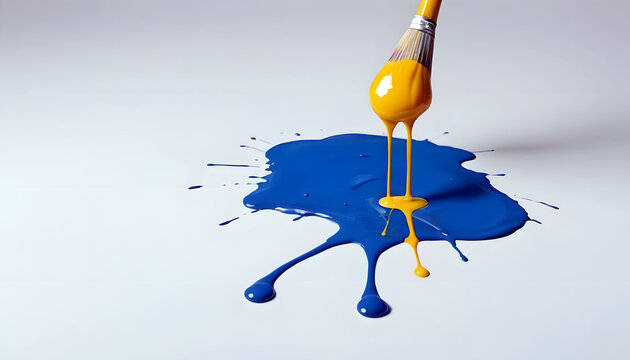 Brush dripping yellow paint into blue puddle representing dinamics and freedom concept