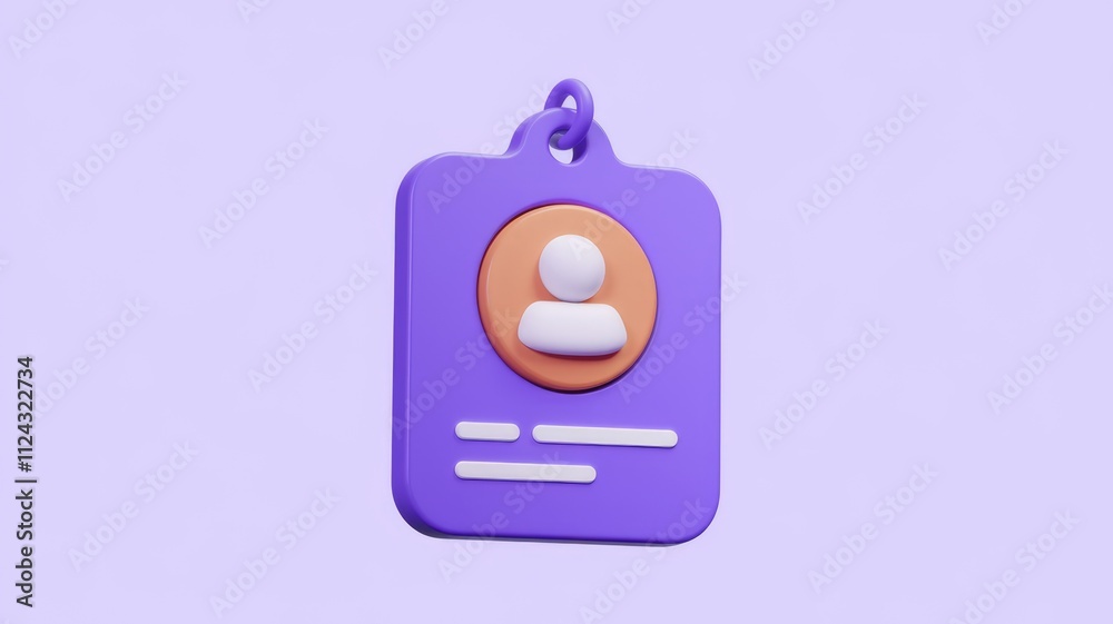 Poster a 3d rendered purple id card with a person icon, signifying identity and profile information.