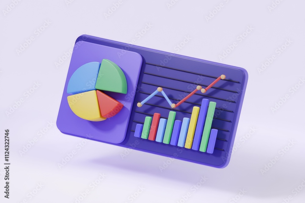 Aufkleber 3D render of colorful pie chart and bar graph illustrating data visualization and business analytics.