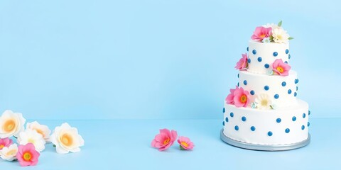 Three tier cake white with blue spots, adorned with flowers on blue background, bakery, dessert