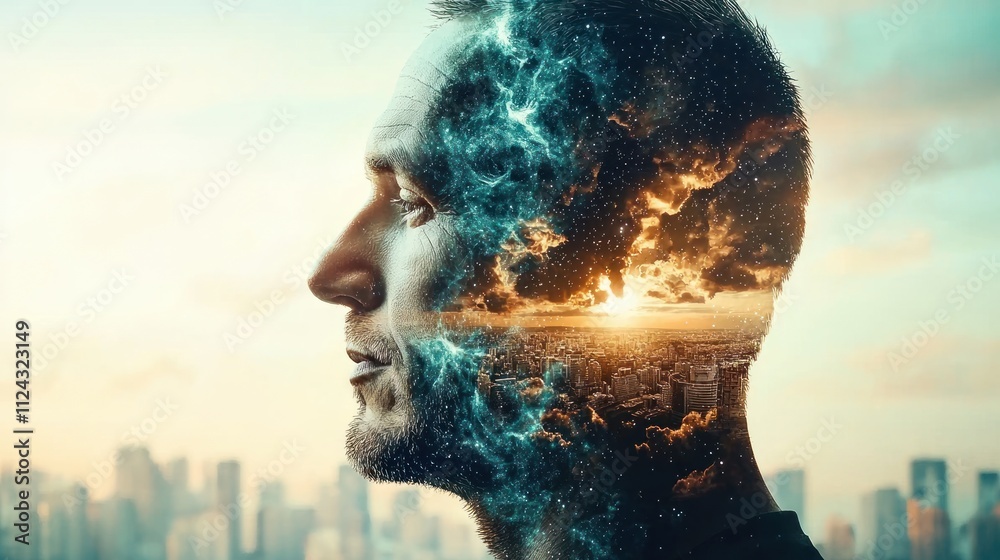 Aufkleber Double Exposure Image of  Exploring inner worldsman's profile blending with cosmic landscape in urban setting
