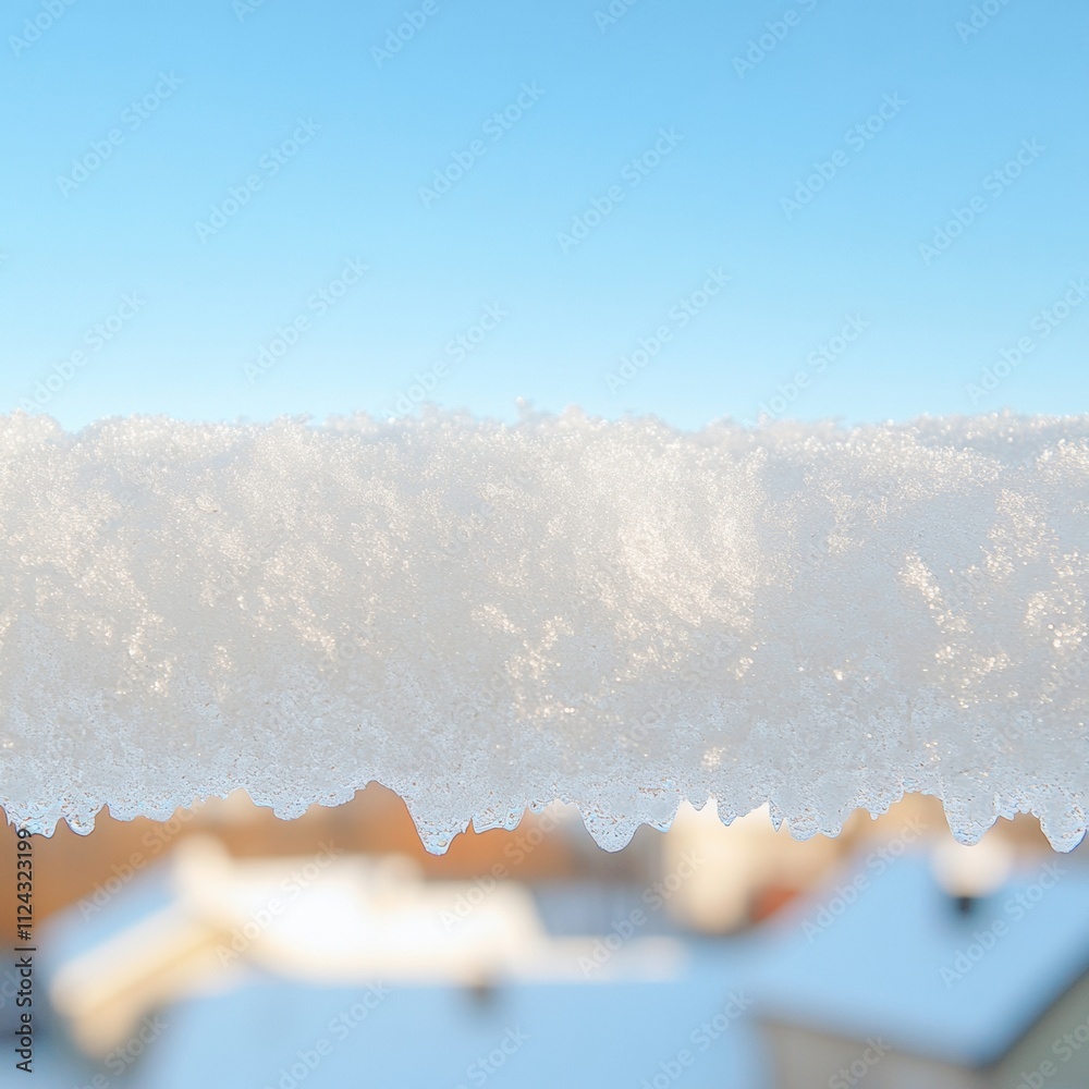 Poster icy patterns on windowpane with snow-covered rooftops and blue sky