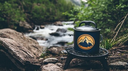 Adventure Camping Sticker on Outdoor Stove Near Scenic Mountain Stream