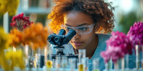 Young student exploring science through a microscope in a vibrant lab setting