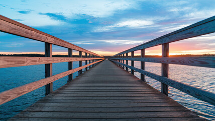 Obraz premium Serene Scene of Wooden Pier Extending Over Calm Waters at Sunset, Weathered Planks with Curved Design Leading to Horizon, Sky Reflecting on Water in Gradient Hues, Tranquil and Peaceful Ambiance