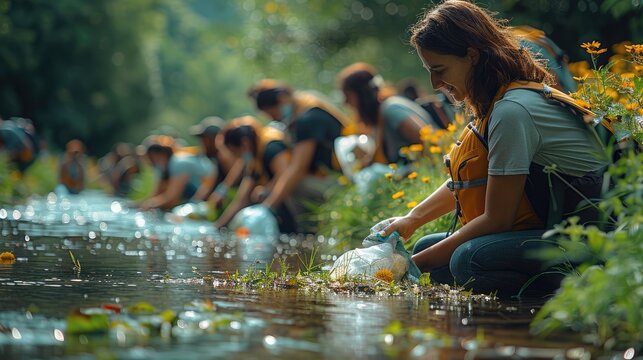 A diverse group of people of various ethnicities cleaning up litter along a tranquil riverbank, surrounded by lush greenery, wildflowers, and clear, flowing water, all joyfully working together.