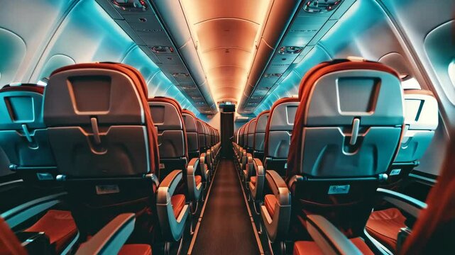 interior of modern airplane or train with comfortable seats and neon light