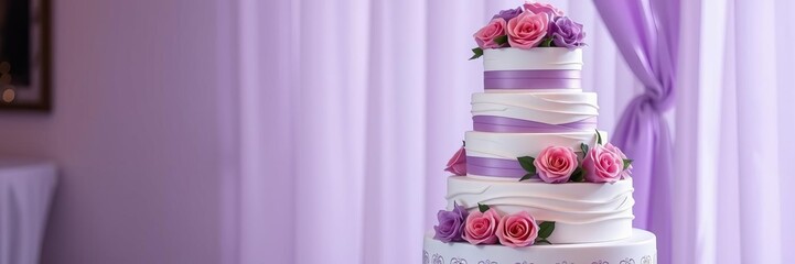 Three tier wedding cake with pink and purple roses, elegant centerpiece for celebrations, dessert, roses