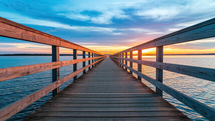 Obraz premium Serene Scene of Wooden Pier Extending Over Calm Waters at Sunset, Weathered Planks with Curved Design Leading to Horizon, Sky Reflecting on Water in Gradient Hues, Tranquil and Peaceful Ambiance