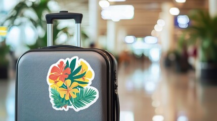 Tropical Die Cut Sticker on Luggage in Airport Terminal for Travel and Adventure