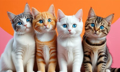 Adorable four kittens with blue eyes in colorful background setting