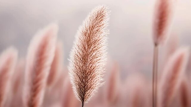 cute minimalist boho backdrop, pink Alopecurus foxtail grass sway in gentle wind with misty fog 