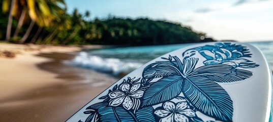Die Cut Sticker Design on Surfboard with Tropical Beach Setting for Adventure