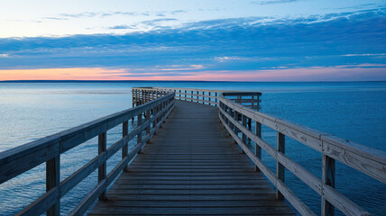 Obraz premium Serene Scene of Wooden Pier Extending Over Calm Waters at Sunset, Weathered Planks with Curved Design Leading to Horizon, Sky Reflecting on Water in Gradient Hues, Tranquil and Peaceful Ambiance