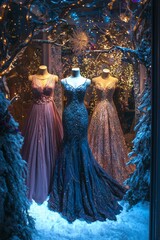 Elegant winter garden theme, mannequins in evening gowns. Snow-covered trees and twinkling lights create