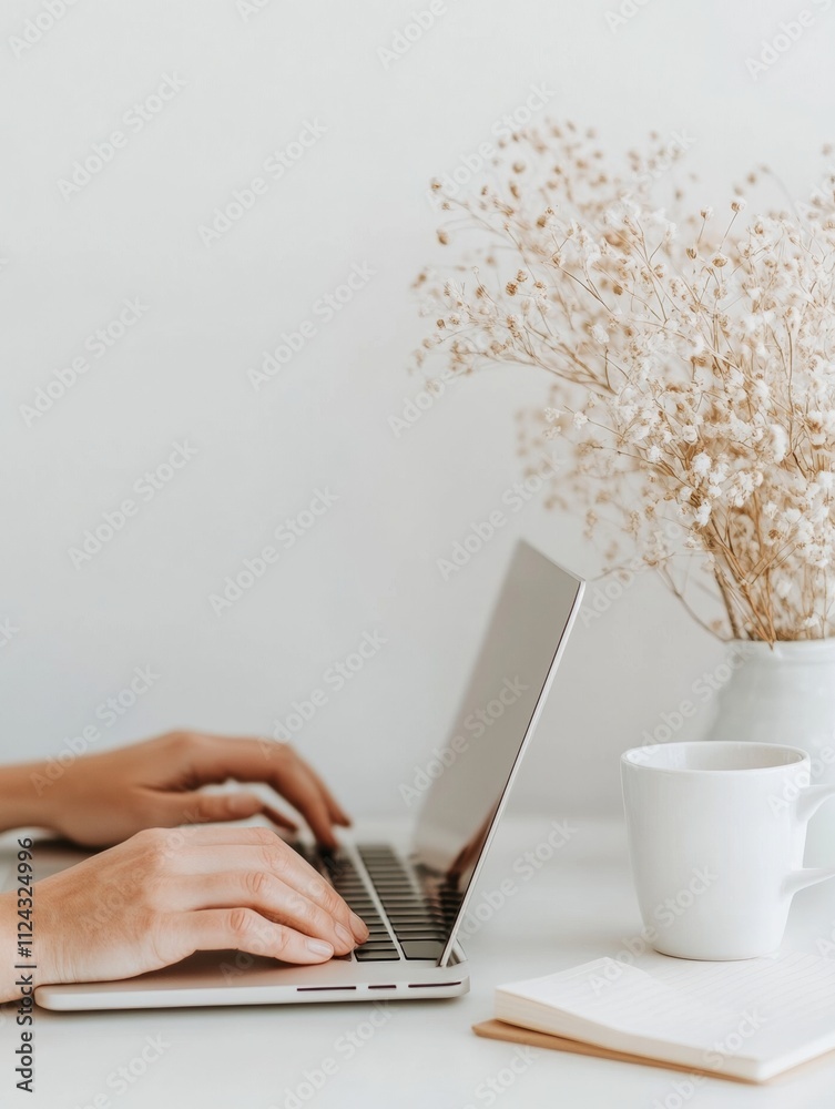 Poster Minimalist Workspace with Laptop, Coffee, and Notebook for Digital Productivity