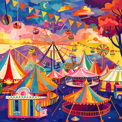 Design a vibrant carnival scene with rides, games, and colorful tents, great for festival and event advertisements, hand-drawn vector art.