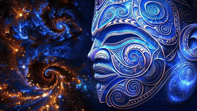 Mystical blue face design blended with vibrant cosmic patterns and swirling galaxies, for a holiday Matariki
