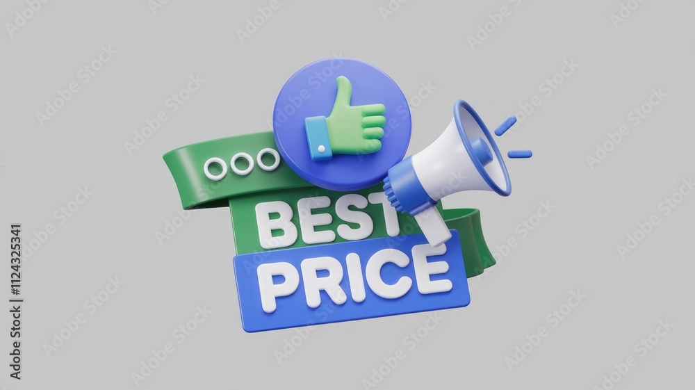 Poster announcing the best price with a thumbs up and megaphone.