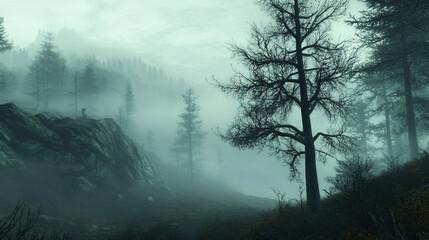 Whispers of the wind in the foggy mountain air, a haunting melody.