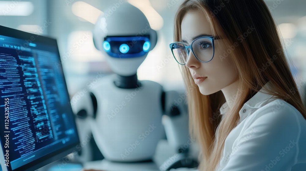Poster a focused female programmer working on a computer with a humanoid robot assistant in the background.
