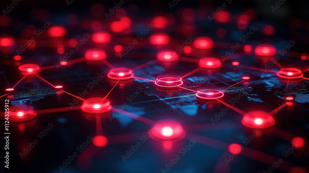 Poster abstract digital connectivity map illustrating glowing red nodes interconnected by lines, representi
