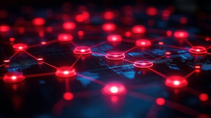 Abstract digital connectivity map illustrating glowing red nodes interconnected by lines, representing a global network and data sharing