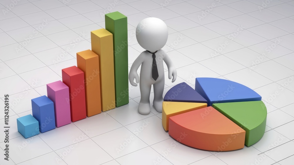 Aufkleber 3D rendering of a businessman analyzing a bar graph and a pie chart showing business growth and data analysis.