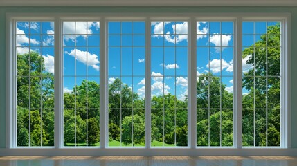 Fototapeta premium Bright day scenic outlook nature views through large windows in modern home photography