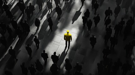 Obraz premium Yellow silhouette of couple standing in monochrome crowd of different people,surreal unique and different concept,loneliness in society,shadow,freedom,Love,be yourself,Stand out from the crowd.