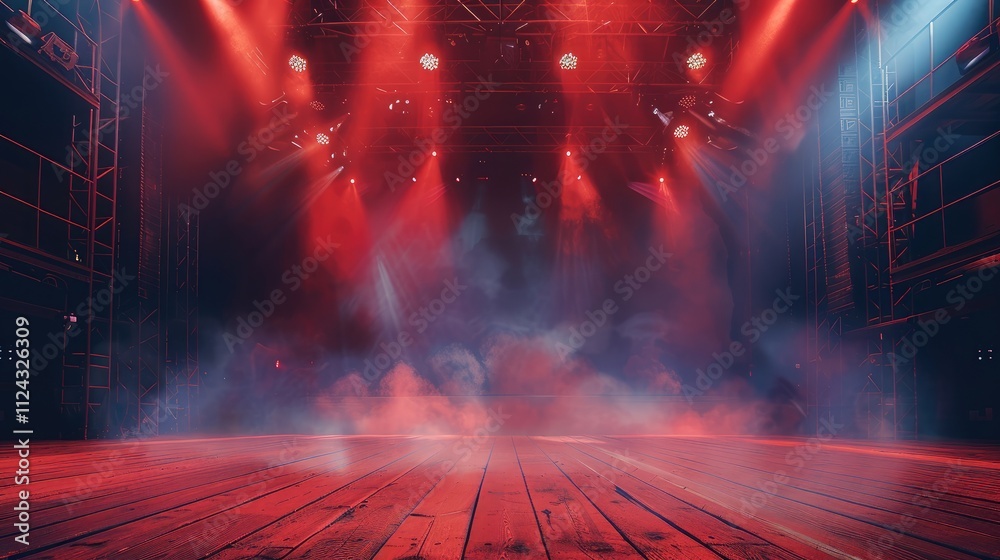 Poster a large concert stage with spotlights and fog, illuminated by red lights. in the center of the frame