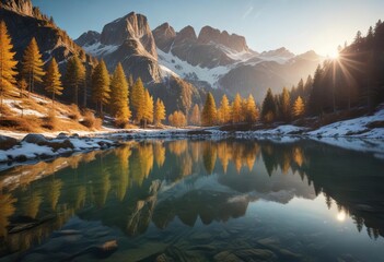 Fototapeta premium Matted golden light on a frosty mountain lake in the heart of the Val di Sole pejo Trentino , Italy, frozen