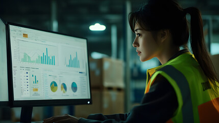 Female warehouse worker analyzing data on computer.